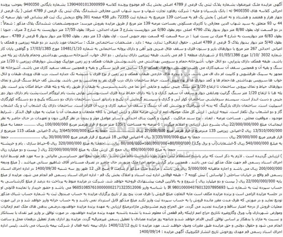 آگهی مزایده ملک غیرمنقول بشماره پلاک ثبتی یک فرعی از 4789 اصلی بخش یک