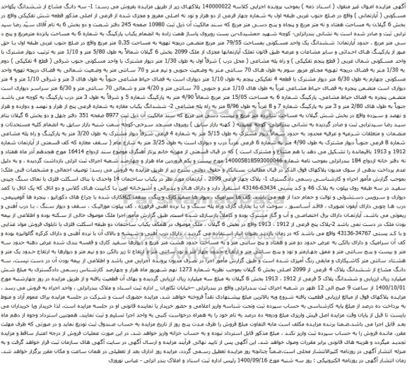 آگهی مزایده سه دانگ مشاع از ششدانگ یکواحد مسکونی