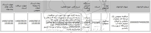 مناقصه عمومی یک مرحله ای عملیات بازتوانی و اصلاح تصفیه خانه آب مشراگه شهرستان رامشیر