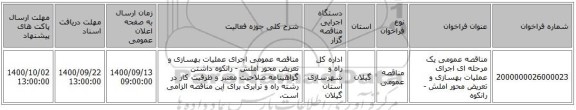 مناقصه عمومی یک مرحله ای اجرای عملیات بهسازی و تعریض محور املش - رانکوه