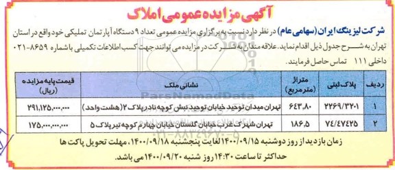 مزایده،مزایده واگذاری 9 دستگاه آپارتمان تملیکی 