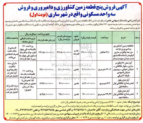 مزایده،مزایده فروش پنج قطعه زمین کشاورزی نوبت اول