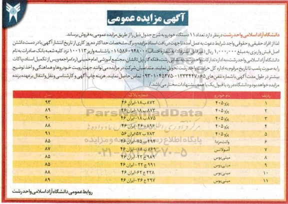 مزایده، مزایده تعداد 11 ذستگاه خودرو