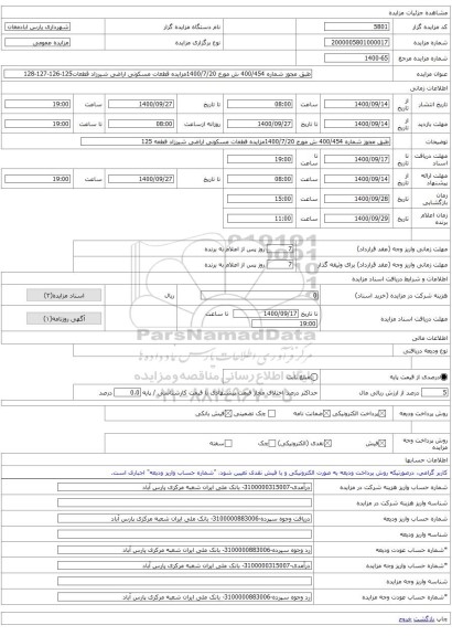 طبق مجوز شماره 400/454 ش مورخ 1400/7/20مزایده قطعات مسکونی اراضی شیرزاد قطعات125-126-127-128