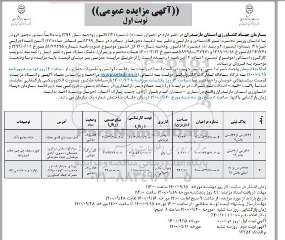 مزایده،مزایده فروش ملک مازاد کاربری زمین مزروعی و باغ نوبت اول 