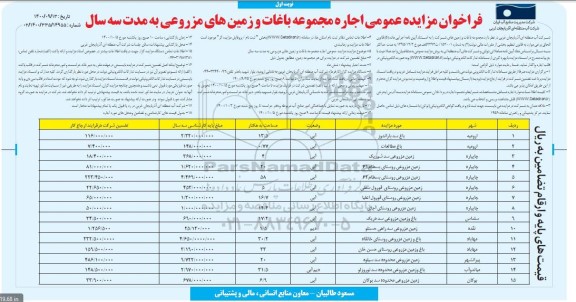 مزایده اجاره مجموعه باغات و زمین های مزروعی به مدت سه سال