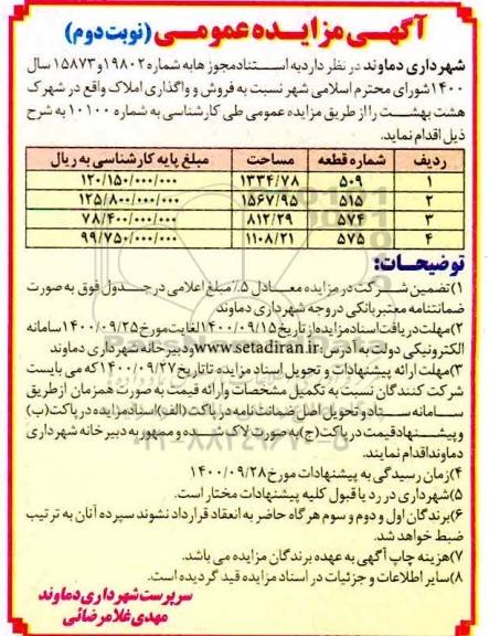 مزایده،مزایده فروش و واگذاری املاک در شهرک هشت بهشت