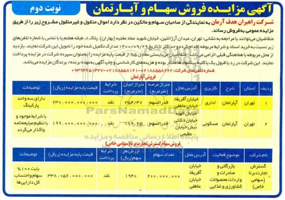 مزایده، مزایده فروش سهام و آپارتمان- نوبت دوم 