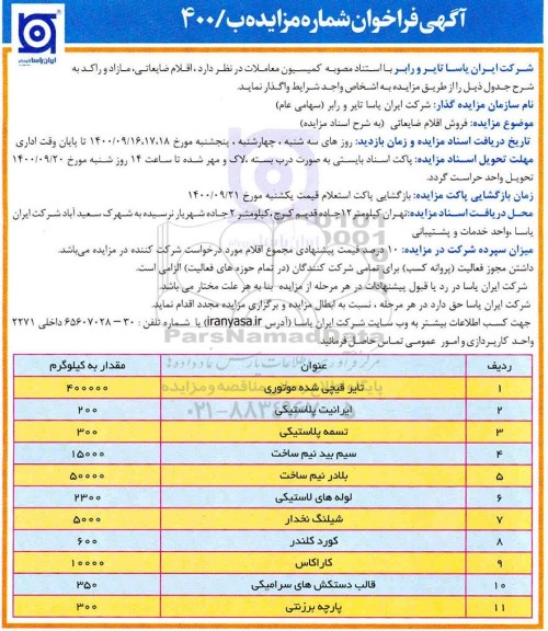 مزایده، مزایده واگذاری اقلام ضایعاتی، مازاد و راکد 