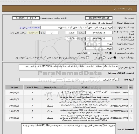 استعلام تجهیزات اندازگیری مطابق فایل پیوست ایرانکد مشابه است شماره تماس 81972296 آقای بخشی زاده