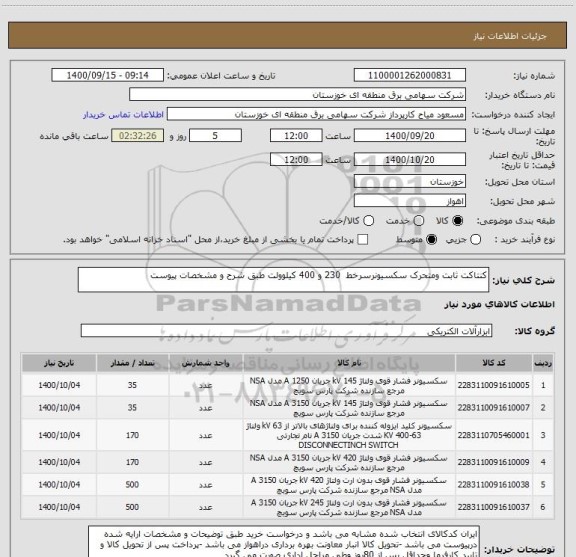 استعلام کنتاکت ثابت ومتحرک سکسیونرسرخط  230 و 400 کیلوولت طبق شرح و مشخصات پیوست 
