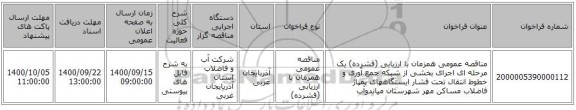 مناقصه عمومی همزمان با ارزیابی (فشرده) یک مرحله ای اجرای بخشی از شبکه جمع آوری و خطوط انتقال تحت فشار ایستگاههای پمپاژ فاضلاب  مساکن مهر شهرستان میاندوآب