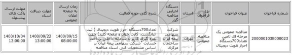 مناقصه عمومی یک مرحله ای تامین تعداد700دستگاه احراز هویت دیجیتال