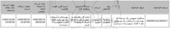 مناقصه عمومی یک مرحله ای بهسازی و آسفالت راه روستایی بانو – قازان شهرستان سردشت