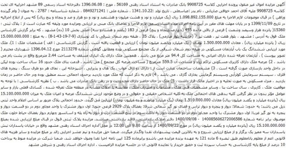 آگهی مزایده آپارتمان تعرفه شده دارای اعیانی به مساحت کل 94.4 متر مربع