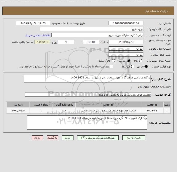 استعلام واگذاری تأمین غذای گرم حوزه ستادی وزارت نیرو در سال 1401-1400  