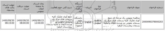 مناقصه عمومی یک مرحله ای جمع آوری تفکیک کلیه پسماند های مرکز زی پسماند عفونی تیز وبرنده،انتقال و تخلیه پسمان بیمارستان الزهرا