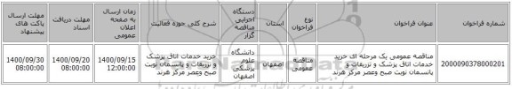 مناقصه عمومی یک مرحله ای خرید خدمات اتاق پزشک و تزریقات و پانسمان نوبت صبح وعصر مرکز هرند