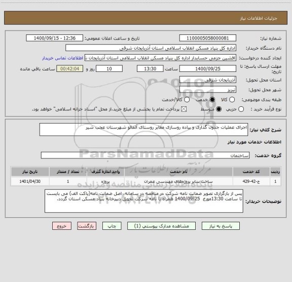 استعلام اجرای عملیات جدول گذاری و پیاده روسازی معابر روستای آلمالو شهرستان عجب شیر 