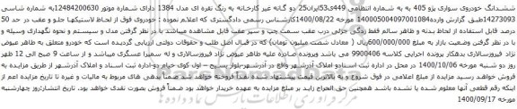 آگهی مزایده ششدانگ خودروی سواری پژو 405