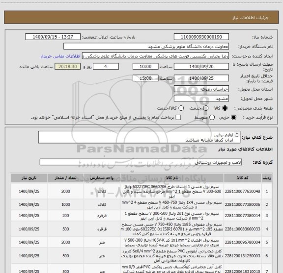 استعلام لوازم برقی
ایران کدها مشابه میباشد
درخواست کالا مطابق عکس پیوست
تمامی واحد ها به متر میباشد 