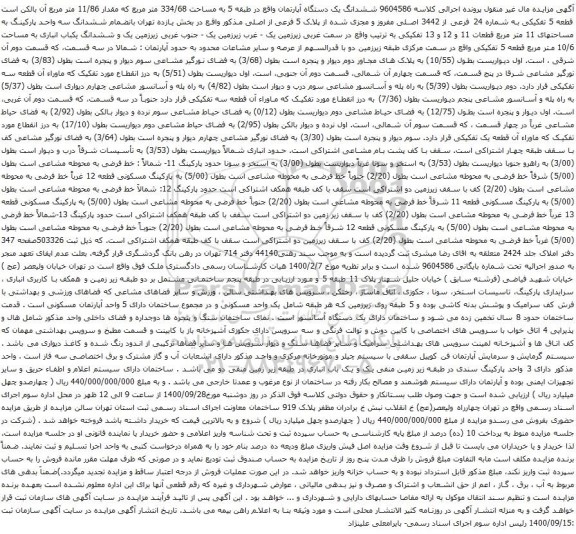 آگهی مزایده ششدانگ یک دستگاه آپارتمان واقع در طبقه 5 به مساحت 334/68 متر مربع 