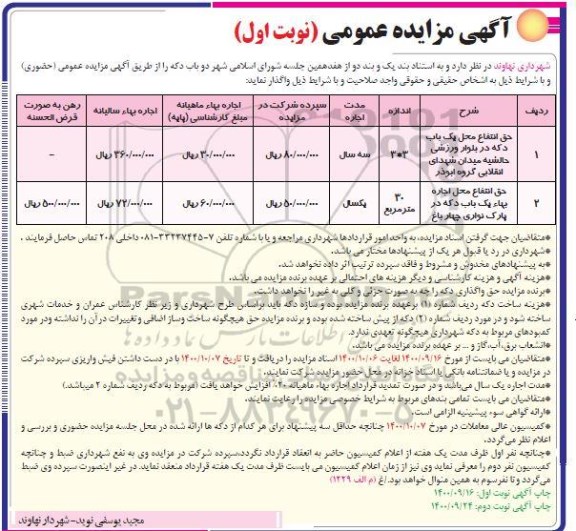 مزایده حق انتفاع محل یک باب دکه....
