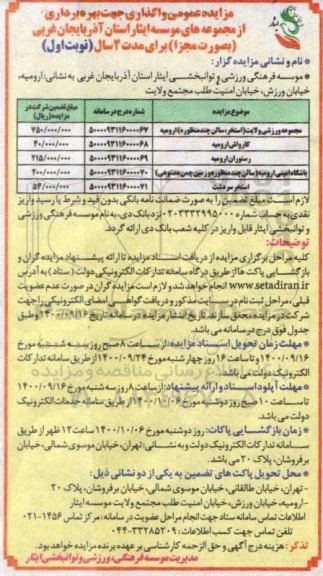 مزایده، مزایده واگذاری جهت بهره برداری از مجموعه های موسسه ایثار