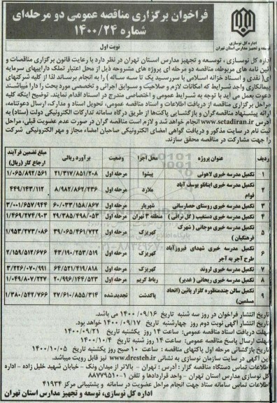 فراخوان مناقصه تکمیل مدرسه خیری  و...