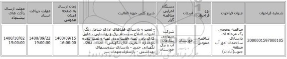 مناقصه عمومی یک مرحله ای بازسازی ساختمان امور آب منطقه جنوب(آبادان)