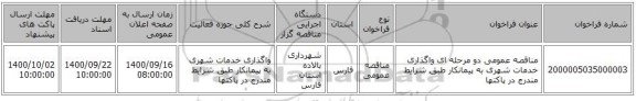 مناقصه عمومی دو مرحله ای واگذاری خدمات شهری به پیمانکار طبق شرایط مندرج در پاکتها