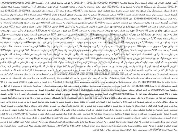 آگهی مزایده ششدانگ یک دستگاه اپارتمان به شماره پلاک 5233/1091 اصلی