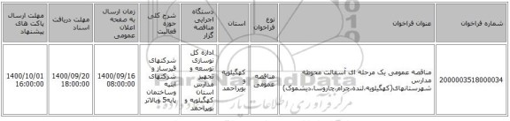 مناقصه عمومی یک مرحله ای آسفالت محوطه مدارس شهرستانهای(کهگیلویه،لنده،چرام،چاروسا،دیشموک)