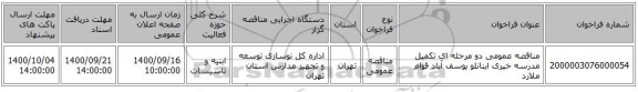 مناقصه عمومی دو مرحله ای تکمیل مدرسه خیری اینانلو یوسف آباد قوام ملارد