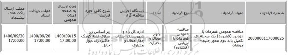 مناقصه عمومی همزمان با ارزیابی (فشرده) یک مرحله ای تکمیل باند دوم محور چلیچه جونقان