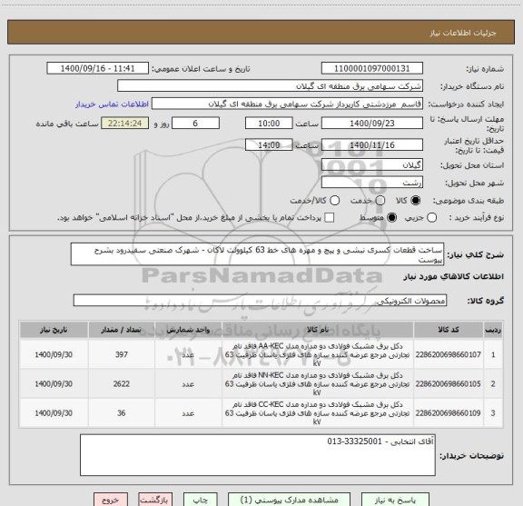 استعلام ساخت قطعات کسری نبشی و پیچ و مهره های خط 63 کیلوولت لاکان - شهرک صنعتی سفیدرود بشرح پیوست