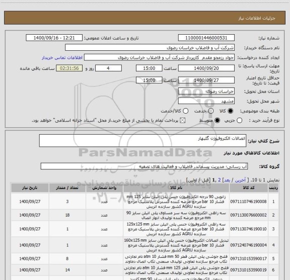 استعلام اتصالات الکتروفیوژن گلبهار

