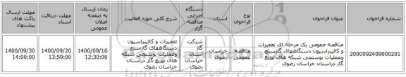 مناقصه عمومی یک مرحله ای تعمیرات و کالیبراسیون دستگاههای گازسنج وعملیات بوسنجی شبکه های توزیع گاز دراستان خراسان رضوی