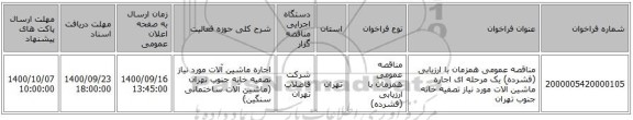 مناقصه عمومی همزمان با ارزیابی (فشرده) یک مرحله ای اجاره ماشین آلات مورد نیاز تصفیه خانه جنوب تهران 