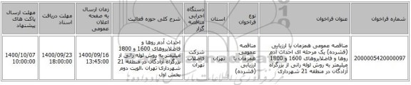 مناقصه عمومی همزمان با ارزیابی (فشرده) یک مرحله ای احداث آدم روها و فاضلابروهای 1600 و 1800 میلیمتر به روش لوله رانی از بزرگراه آزادگان در منطقه 21 شهرداری