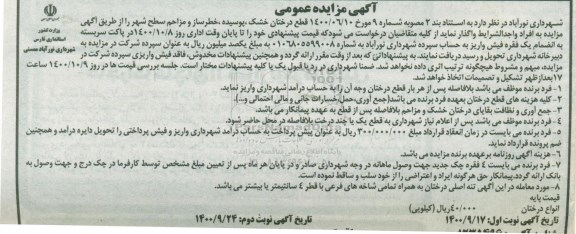 مزایده قطع درختان خشک ، پوسیده ، خطرساز و مزاحم سطح شهر