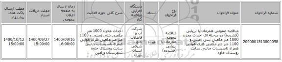 مناقصه عمومی همزمان با ارزیابی (فشرده) دو مرحله ای احداث مخزن 1000 متر مکعبی بتنی زمینی و 1100 متر  متر مکعبی فلزی هوایی همراه تاسیسات جانبی سایت روستای خاوه 