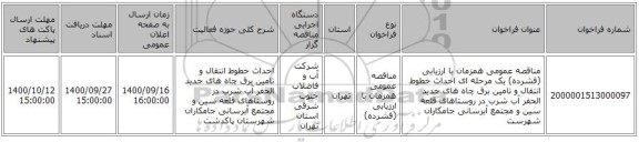 مناقصه عمومی همزمان با ارزیابی (فشرده) یک مرحله ای احداث خطوط انتقال و تامین برق چاه های جدید الحفر آب شرب در روستاهای قلعه سین و مجتمع آبرسانی جامکاران شهرست