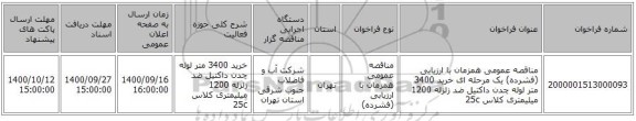 مناقصه عمومی همزمان با ارزیابی (فشرده) یک مرحله ای خرید 3400 متر لوله چدن داکتیل ضد زلزله 1200 میلیمتری کلاس 25c