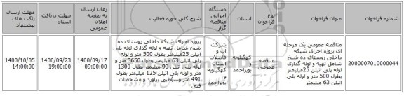 مناقصه عمومی یک مرحله ای پروژه اجرای شبکه داخلی روستای ده شیخ شامل تهیه و لوله گذاری لوله پلی اتیلن 25میلیمتر بطول 500 متر و لوله پلی اتیلن 63 میلیمتر
