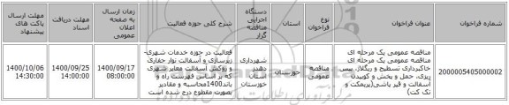 مناقصه عمومی یک مرحله ای مناقصه عمومی یک مرحله ای خاکبرداری تسطیح و ریگلاژ،  بیس ریزی،   حمل و پخش و کوبیدن آسفالت و قیر پاشی(پریمکت و تک کت)  