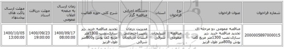 مناقصه عمومی دو مرحله ای تجدید مناقصه خرید ،زیر سازی،نصب 1300متر مربع کف پوش و800متر طول قرنیز
