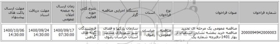 مناقصه عمومی یک مرحله ای تجدید مناقصه خرید بنفشه نشایی استقبال از بهار 1401-دفترچه شماره یک
