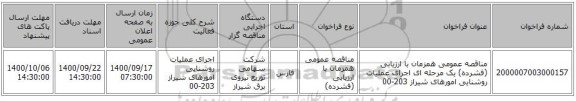 مناقصه عمومی همزمان با ارزیابی (فشرده) یک مرحله ای اجرای عملیات روشنایی امورهای شیراز 203-00