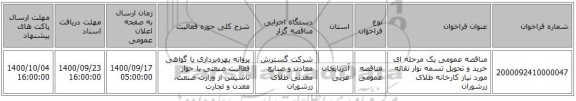 مناقصه عمومی یک مرحله ای خرید و تحویل تسمه نوار نقاله مورد نیاز کارخانه طلای زرشوران